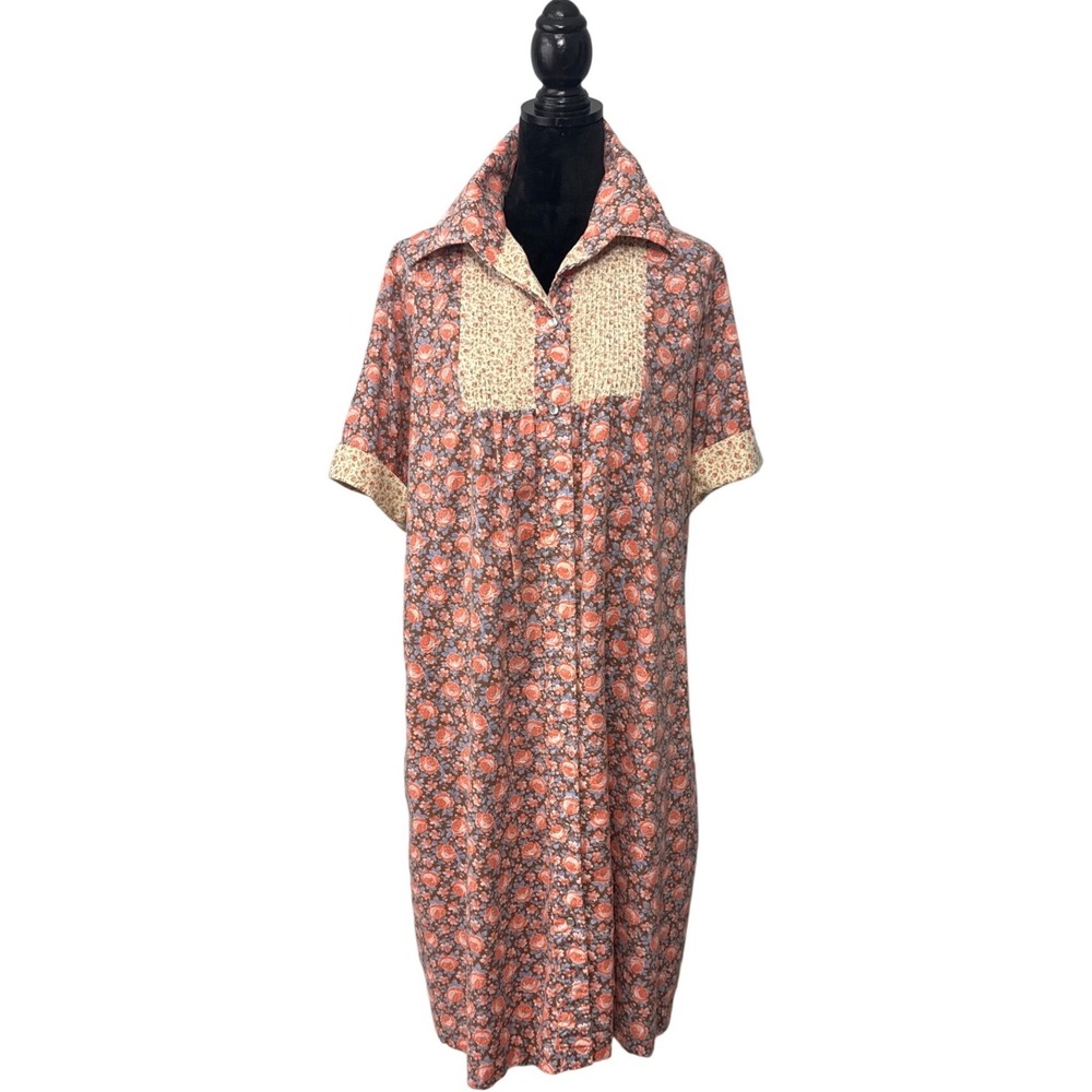 Vintage Studio Coat Floral House Dress Pearl Snap Front Pintuck Bib USA Large